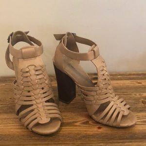 Strappy tan block heels